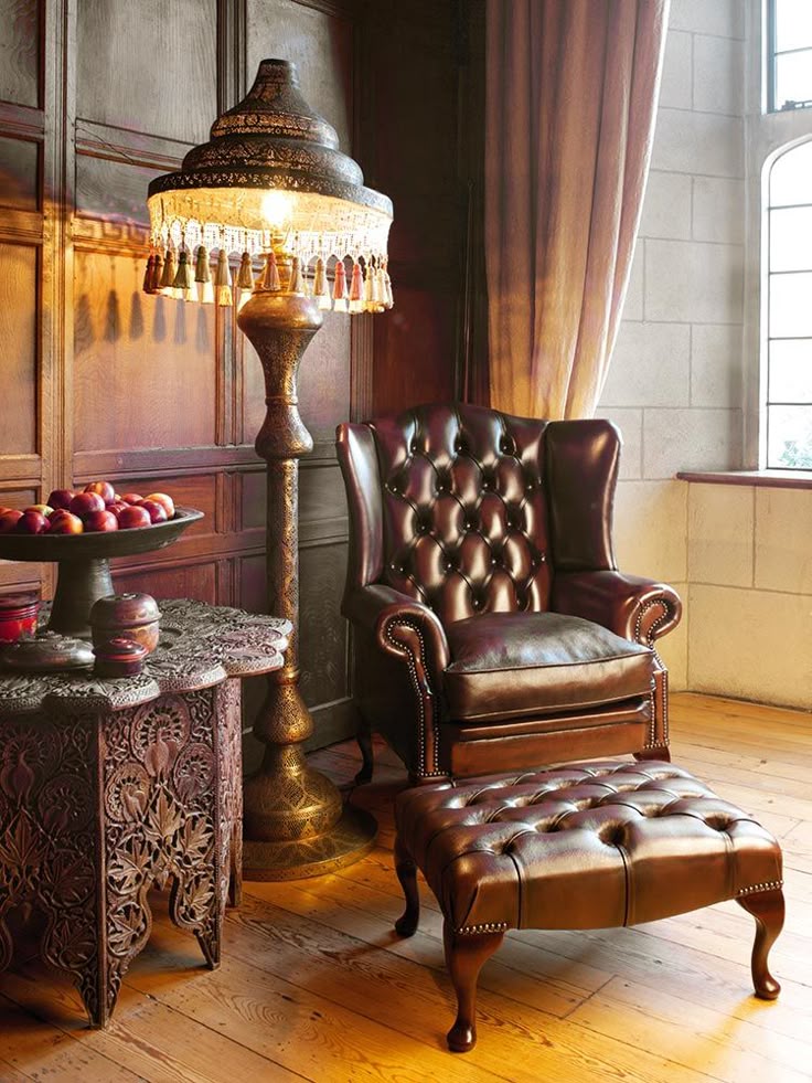 Chesterfield Genuine Leather Wingback Chair with Ottoman